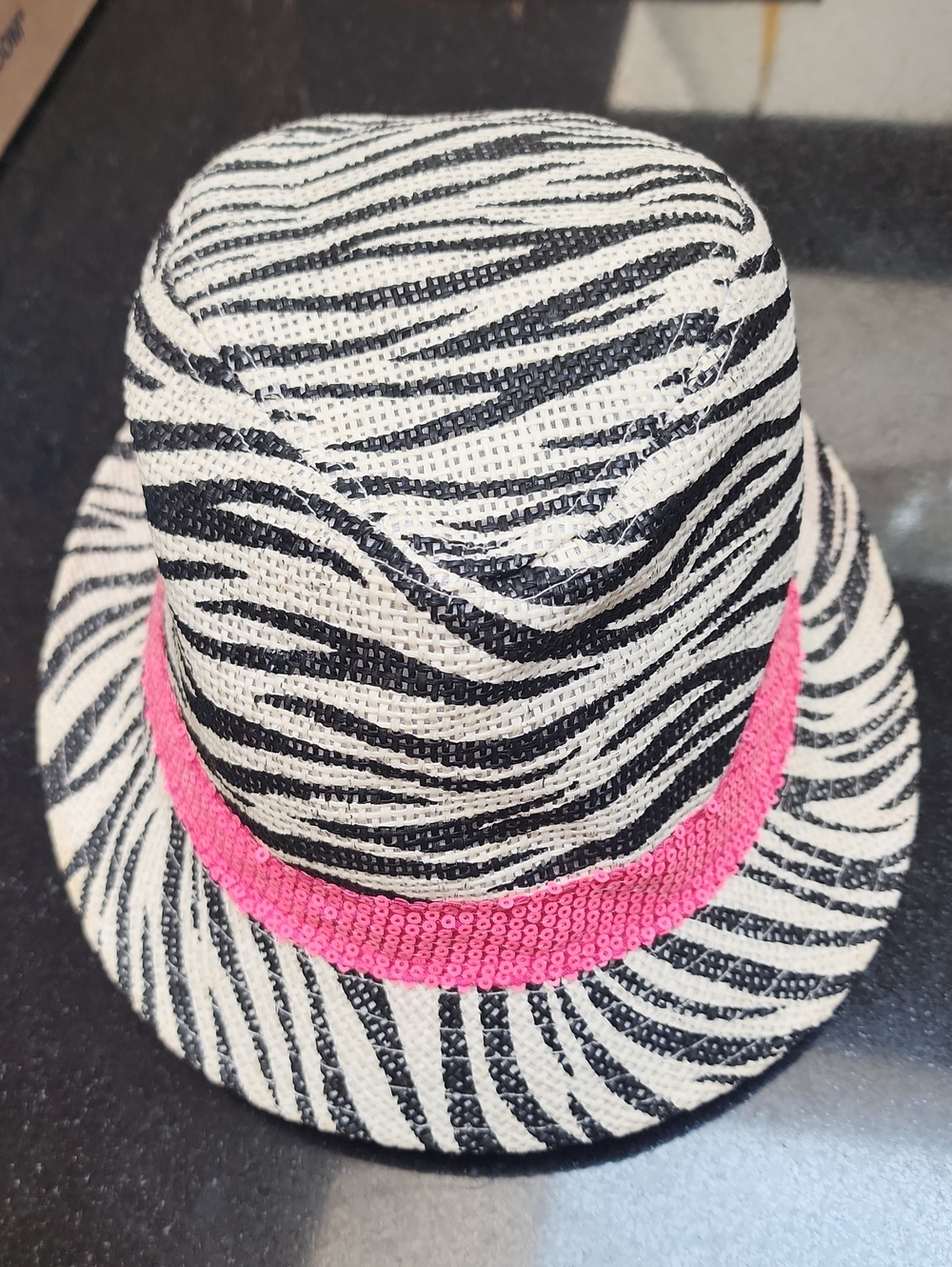 Zebra Print Straw Fedora with Pink Sequin Band